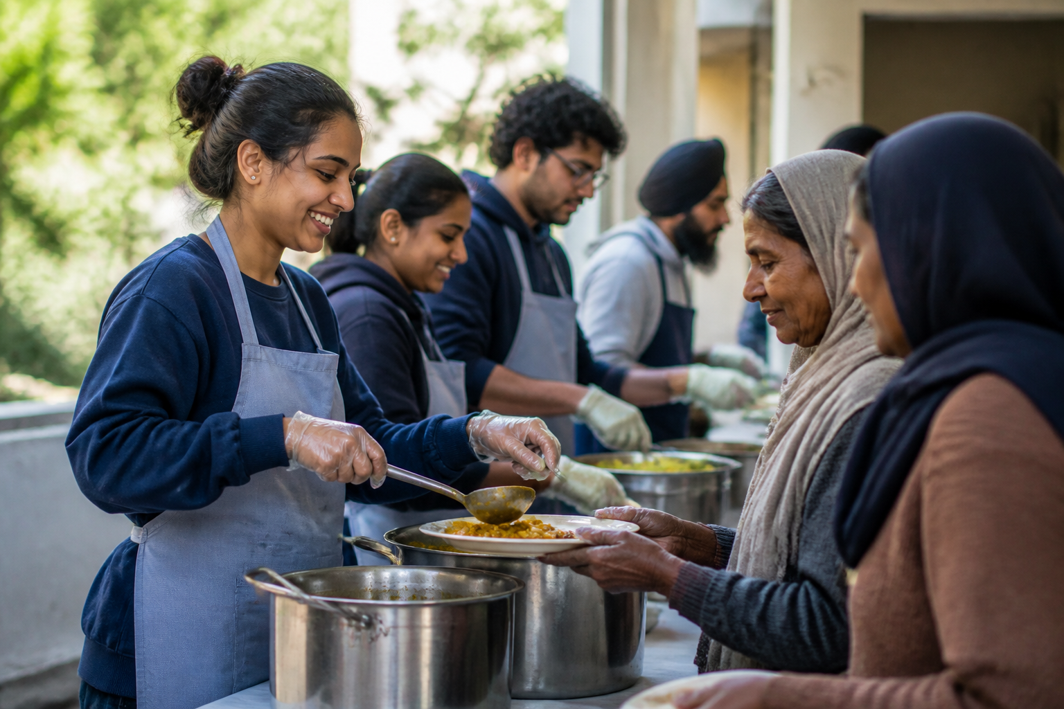 Volunteers preparing to serve with care at a community charity event